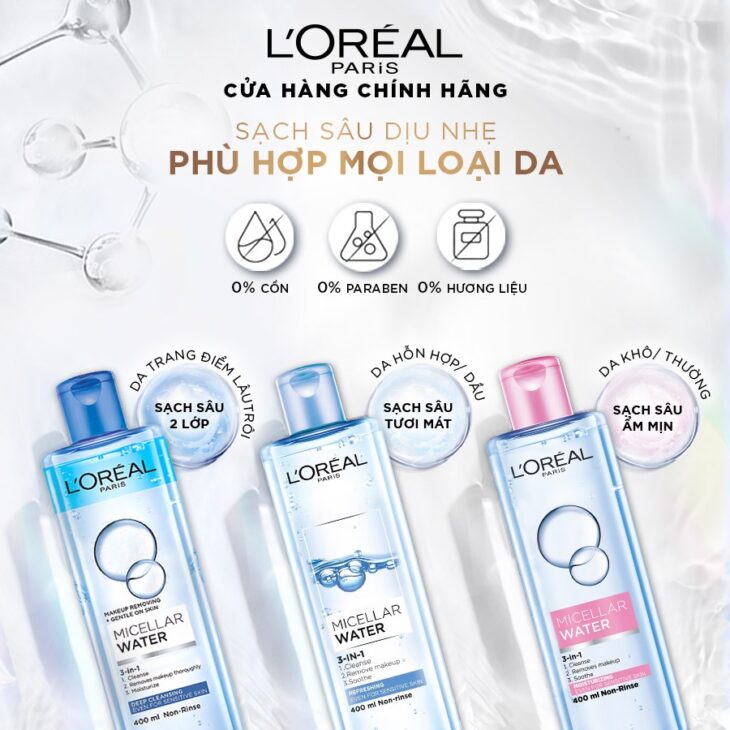 Nước tẩy trang làm sạch - mềm mịn da L'Oreal Paris 3in1 Micellar Water 400ml