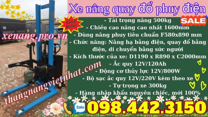 Xả kho giá sốc xe nâng quay đổ phuy điện EDT500-M – 500kg nâng cao 1.6 mét
