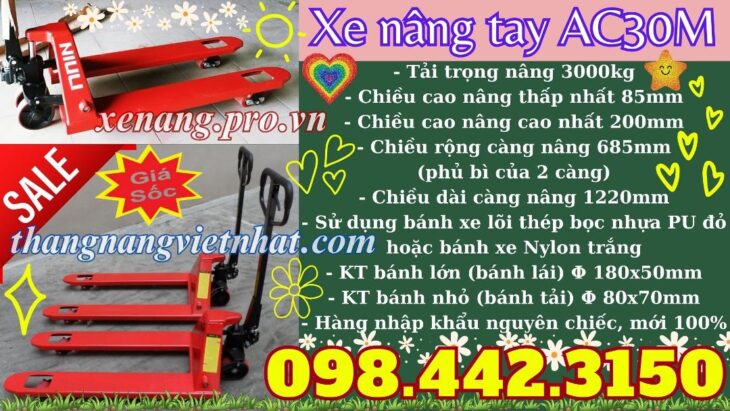 Xe nâng tay thấp 3 tấn càng rộng 685x1220mm