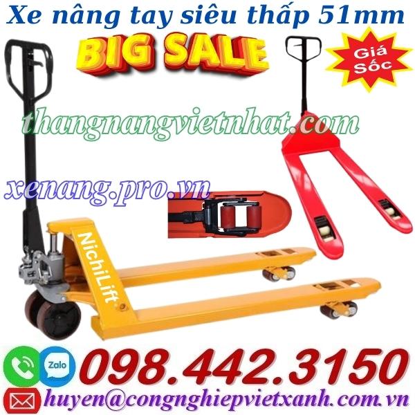 Xe nâng tay siêu thấp 51mm càng rộng 685x1220mm tải trọng 2 tấn