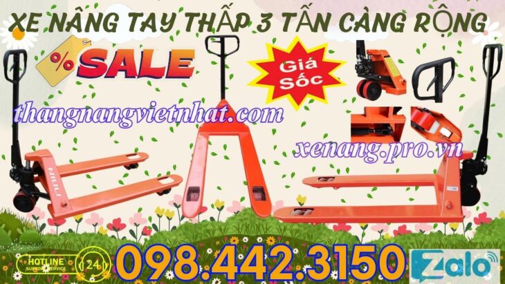 Xe nâng tay thấp 3 tấn càng rộng 685x1220mm