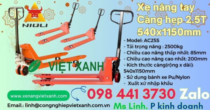 Xe nâng tay thấp càng hẹp 540x1150mm Việt Xanh Nhập khẩu