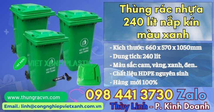 Thùng nhựa đựng rác 240 lít nắp kín 2 bánh xe