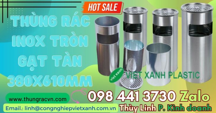 Thùng rác inox gạt tàn tròn 380x610mm