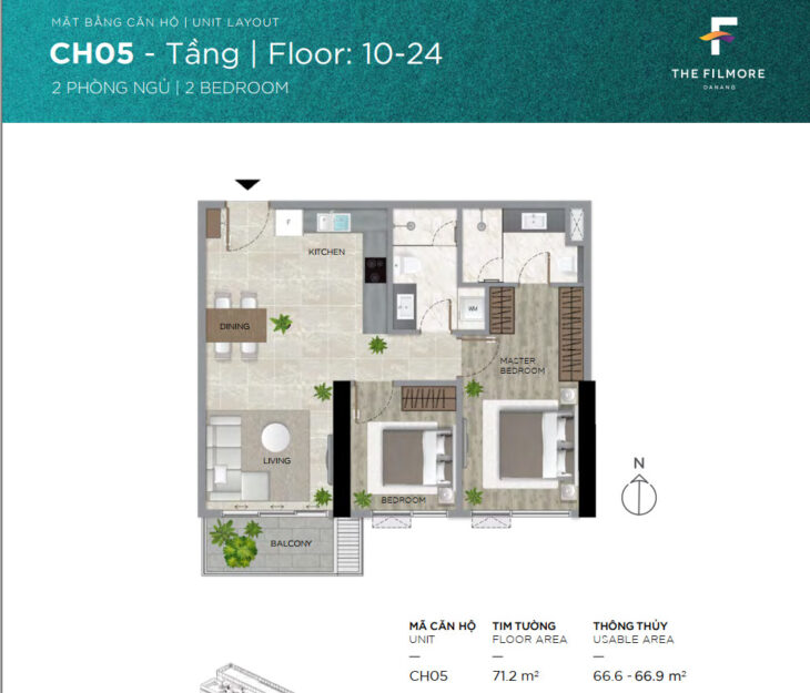 Bán căn hộ The Filmore Đà Nẵng căn 2 phòng ngủ CH23.05