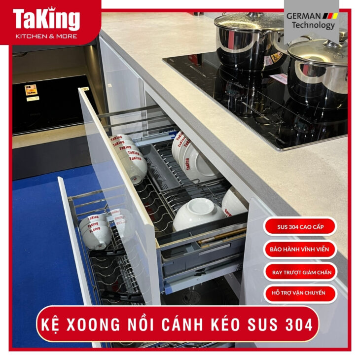Kệ xoong nồi nan dẹt SUS 304 cánh kéo, thiết kế hiện đại, thẩm mỹ TaKing