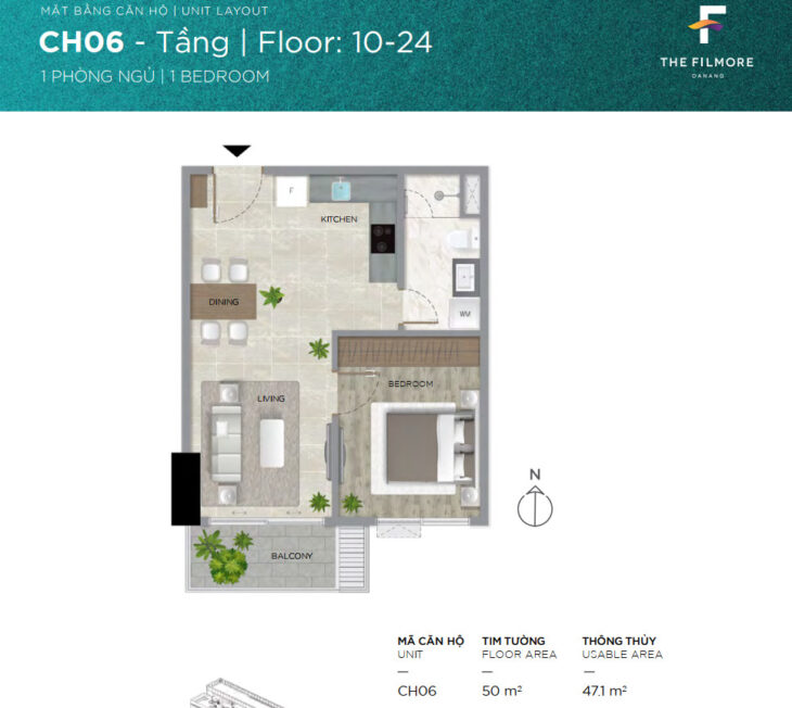 Chào bán căn hộ 1 phòng ngủ Filmore Đà Nẵng tầng 22 mã căn CH22.06