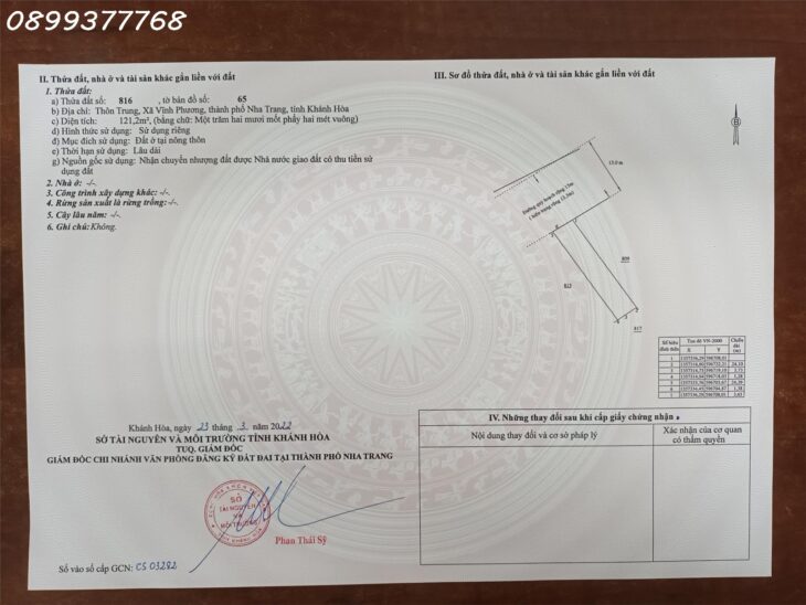 Bán lô đất mặt tiền thôn Trung Vĩnh Phương Nha Trang