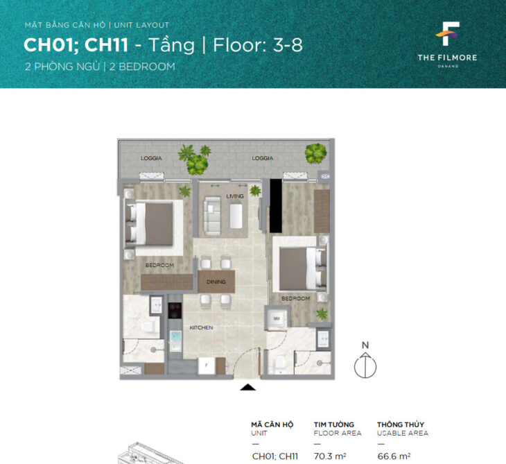 Bán căn hộ 2 phòng ngủ Filmore Đà Nẵng tầng 5 mã căn CH05.01 từ chủ đầu tư.