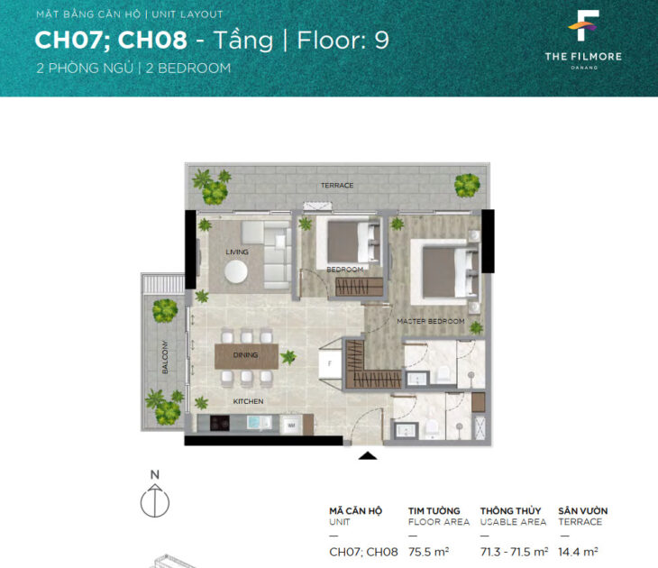 Chào bán căn hộ 2 phòng ngủ tòa Filmore Đà Nẵng từ chủ đầu tư tầng 9 mã căn CH09.08