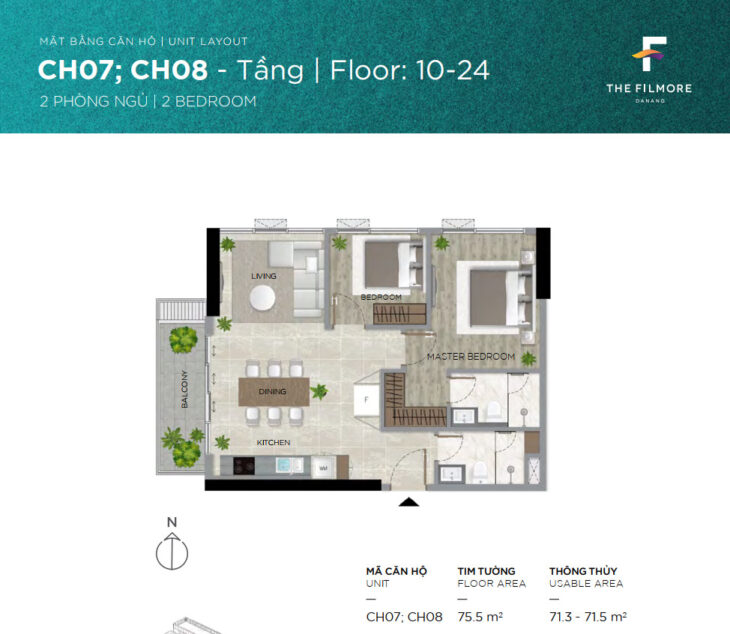 Chào bán căn hộ 2 phòng ngủ tại Filmore Đà Nẵng, mã căn CH20.07