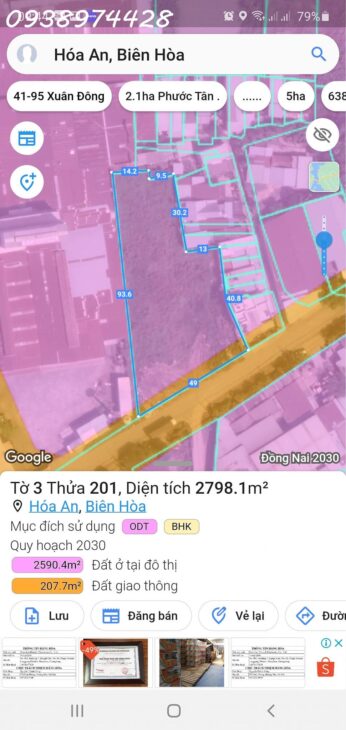 Bán 2798m2 đất mặt tiền đường Huỳnh Mẫn Đạt . P Hóa An . Tp Biên Hòa . 0938974428