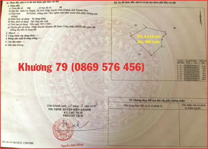 Bán nhan 8.119 mét giá chỉ 290 triệu ngay xã suối hiệp, diên khánh, khánh hoà