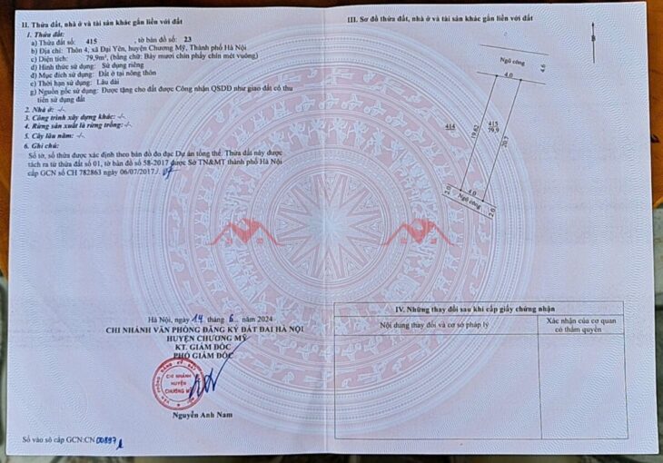 GIÁ 2TY580 ĐẤT ĐẠI YÊN-CHƯƠNG MỸ D/T:79,9M