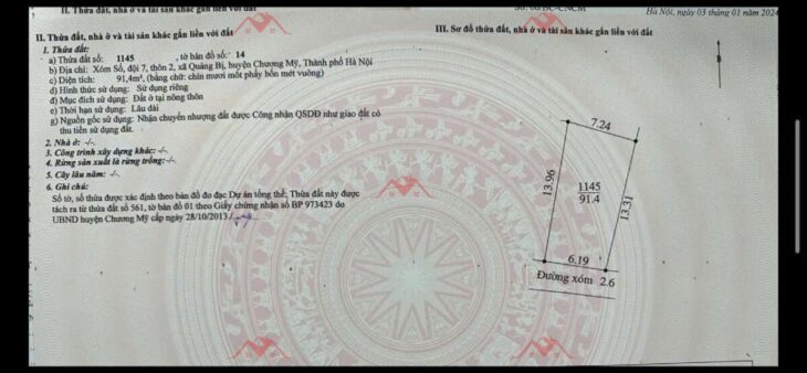 SIÊU PHẨM GIÁ 3,1 TỶ ĐẤT TẠI QUẢNG BỊ-CHƯƠNG MỸ D/T:91,5M