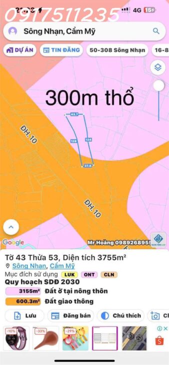 Mặt_tiền đường HL10 Sông Nhạn Cẩm Mỹ. Vitri ngay ngã tư cổng Sân_bay ra 2km, 5.5ha