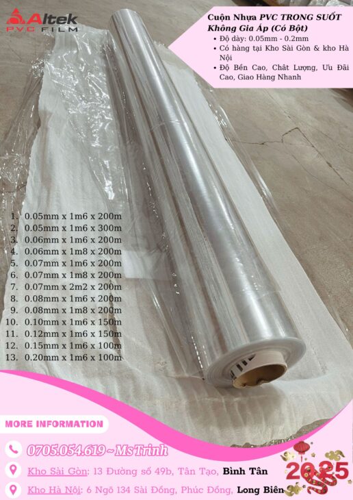 Nhựa PVC Trong Suốt có phủ bột độ dày 0.05mm đến 0.2mm