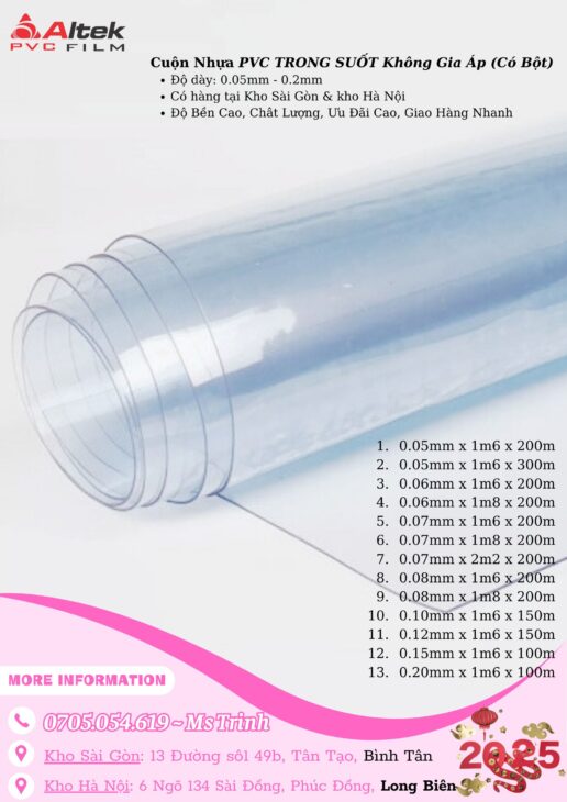 Nhựa PVC Trong Suốt có phủ bột độ dày 0.05mm đến 0.2mm