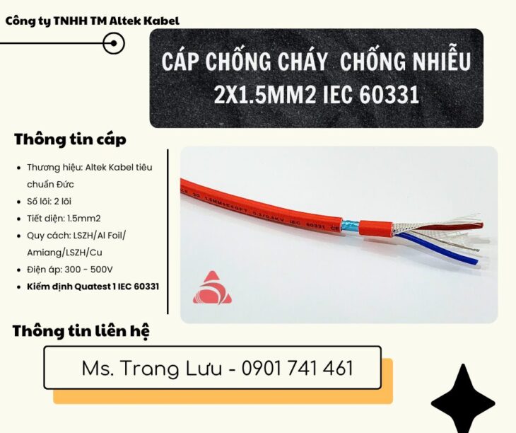 Cáp chống cháy chống nhiễu 2×1.5 kiểm định Quatest 1 IEC 60331