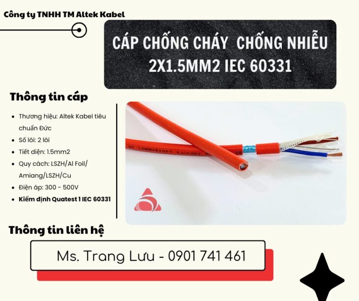 Cáp chống cháy chống nhiễu 2×1.5 kiểm định Quatest 1 IEC 60331