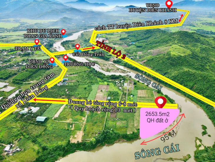 Quá kẹt. 2652m2 ven sông cái 95m. Bank định giá 5 tỷ. Nay bán gấp 3.8 tỷ. “đất ven sông diên đồng”