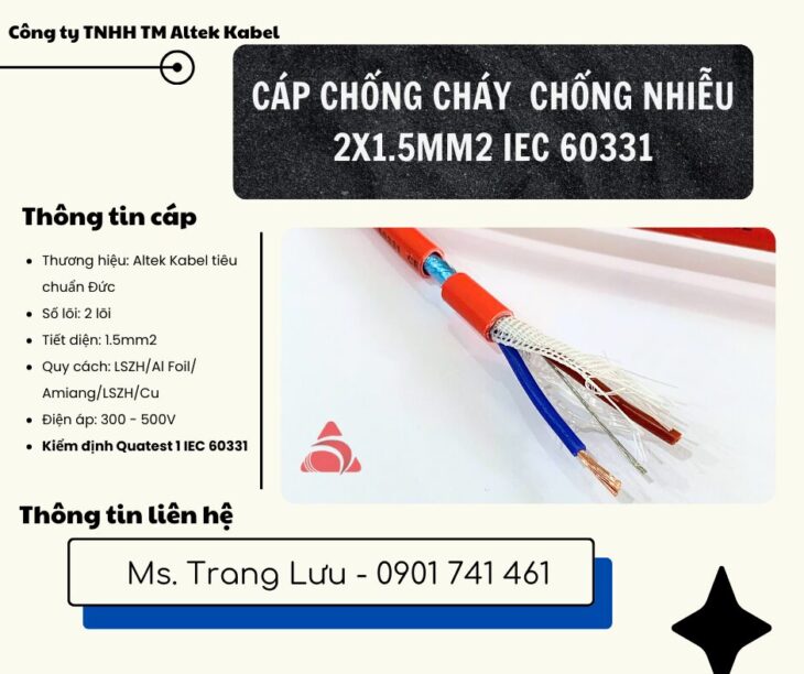 Cáp chống cháy chống nhiễu 2×1.5 kiểm định Quatest 1 IEC 60331