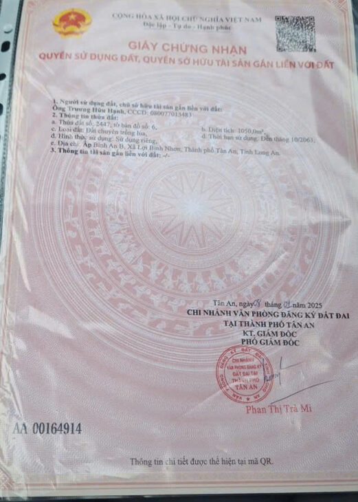 BÁN 2 LÔ ĐẤT ĐẸP – GIÁ Tốt – Vị Trí Tại : ẤP Bình An B – Xã Lợi Bình Nhơn – Thành Phố Tân An – Tỉnh