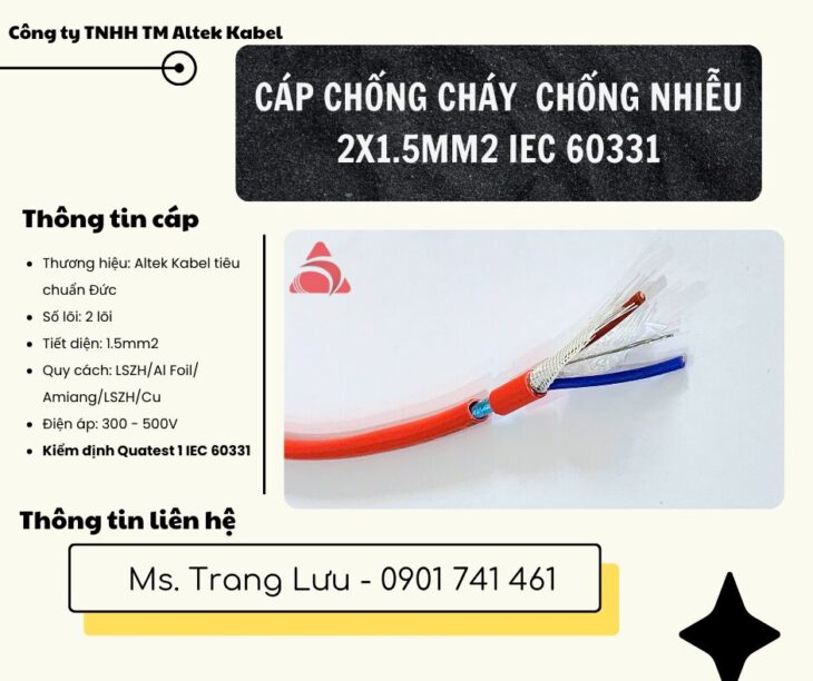 Cáp chống cháy chống nhiễu 2×1.5 kiểm định Quatest 1 IEC 60331