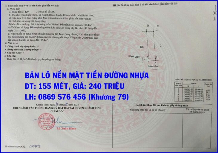 MUA BÁN LÔ NỀN THỔ CƯ CHỈ 240TR TẠI KHÁNH VĨNH, KHÁNH HOÀ