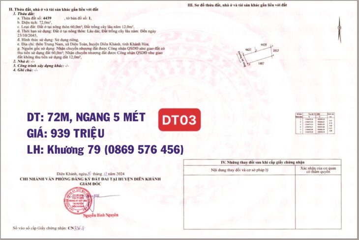 BÁN ĐẤT TẠI XÃ DIÊN TOÀN DIÊN KHÁNH KHÁNH HOÀ