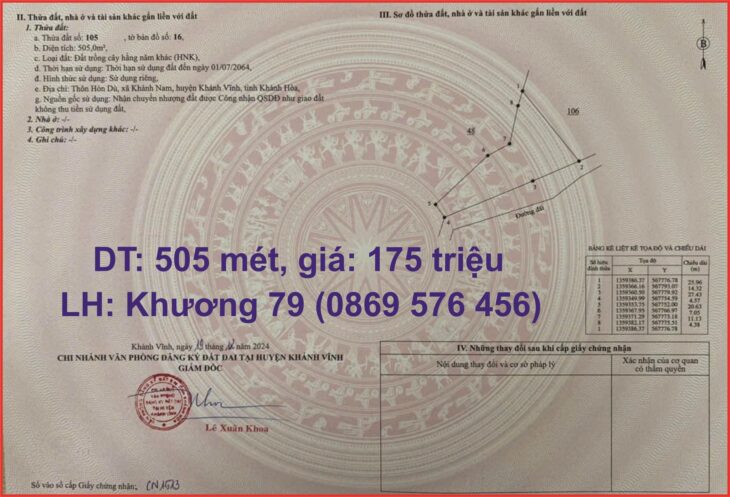 505 MÉT ĐẤT VƯỜN TẠI KHÁNH VĨNH KHÁNH HOÀ, GIÁ 175TR