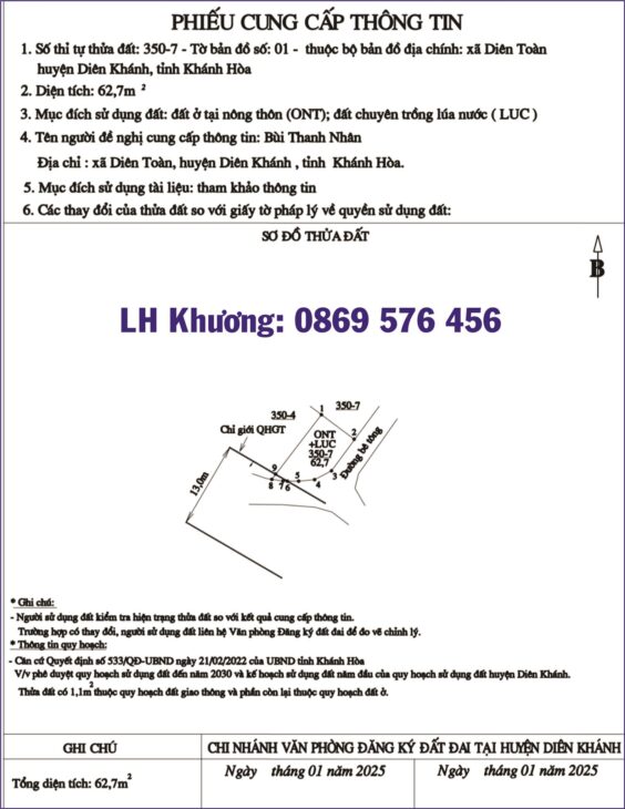 MỞ BÁN ĐẤT THỔ CƯ TẠI XÃ DIÊN TOÀN, DIÊN KHÁNH, KHÁNH HOÀ