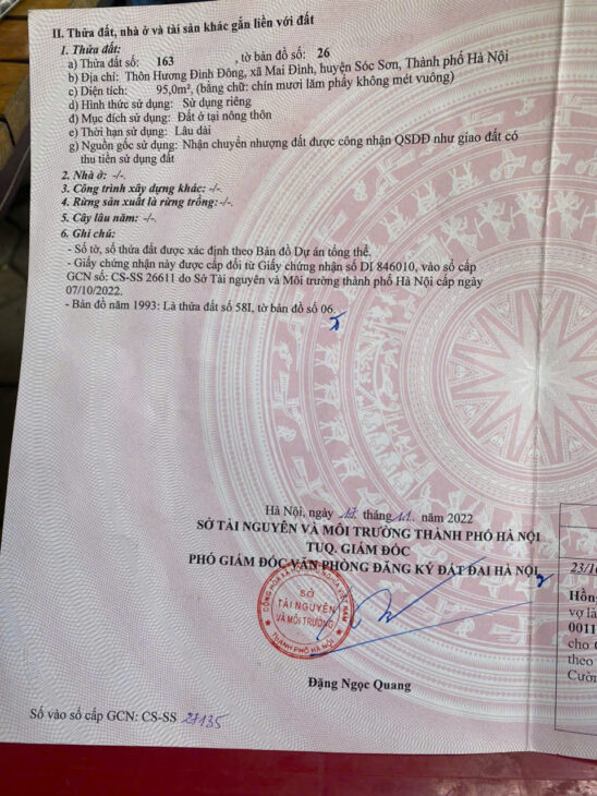 BÁN ĐẤT HƯƠNG ĐÌNH, MAI ĐÌNH, SÓC SƠN. 95M2, MT 5,95M. NỞ HẬU. GIÁ CHỈ 28TR/M.