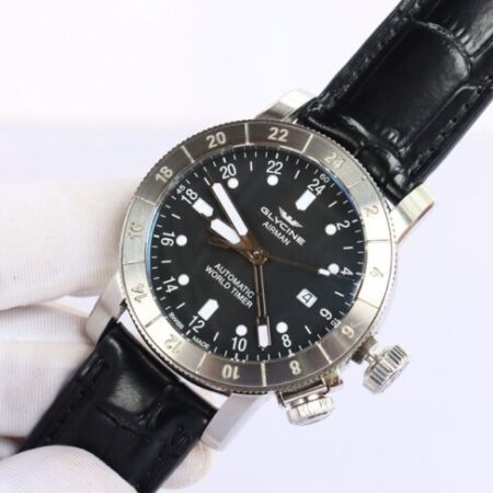 ĐH Nam : Glycine Airman Worldtimer GMT Automatic Dial Black – Dây da – 4 Kim – Size 44mm