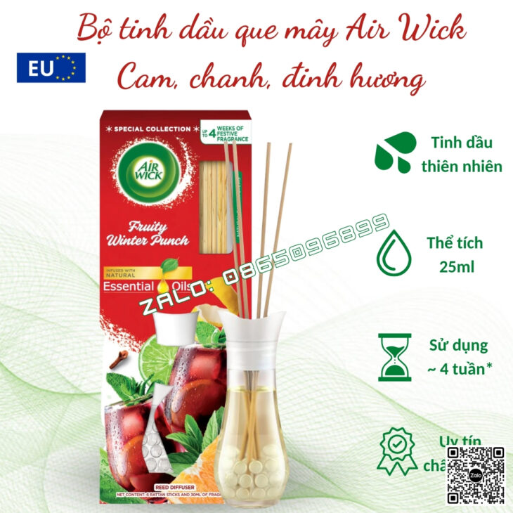BỘ KHUẾCH TÁN TINH DẦU QUE MÂY AIR WICK 25ml, CHÍNH HÃNG CHÂU ÂU, THƠM PHÒNG, HỖ TRỢ KHỬ MÙI