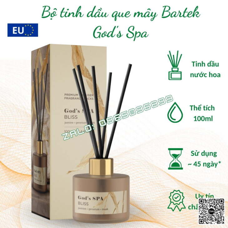 BỘ TINH DẦU KHUẾCH TÁN QUE MÂY BARTEK 100ml, TINH DẦU THIÊN NHIÊN, THƠM PHÒNG, KHỬ MÙI, CHÍNH HÃNG