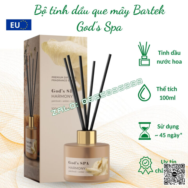 BỘ TINH DẦU KHUẾCH TÁN QUE MÂY BARTEK 100ml, TINH DẦU THIÊN NHIÊN, THƠM PHÒNG, KHỬ MÙI, CHÍNH HÃNG