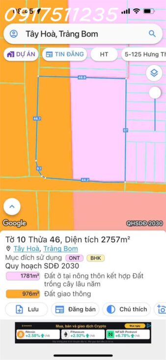 Mặt tiền đường vành Đai 4, 2757mv có 1780 thổ cư vị trí đất góc 2 mặt tiền nhựa vuông vắn và có 56m