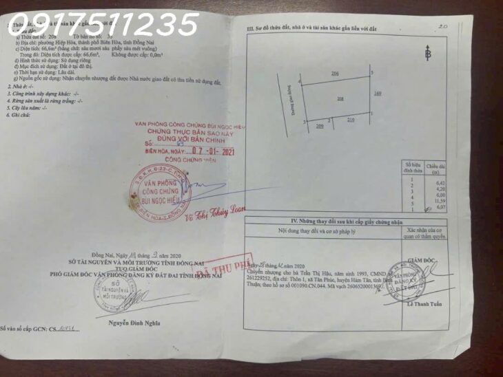 HIỆP HÒA – BIÊN HÒA,Đất sạch Ko Quy Hoạch, Sổ hồng riêng như hình , DT : 66.6m2 , Giá : 1Tỷ 550 AC