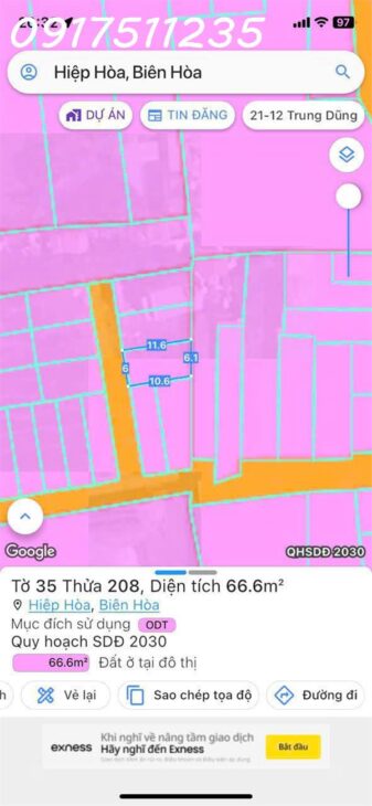 HIỆP HÒA – BIÊN HÒA,Đất sạch Ko Quy Hoạch, Sổ hồng riêng như hình , DT : 66.6m2 , Giá : 1Tỷ 550 AC