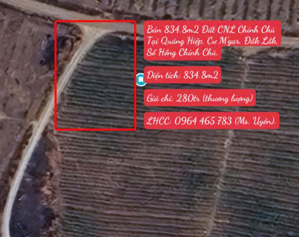 Bán 834.8m2 Đất CNL Chính Chủ Tại Quảng Hiệp, Cư M’gar, Đắk Lắk, Sổ Hồng Chính Chủ.