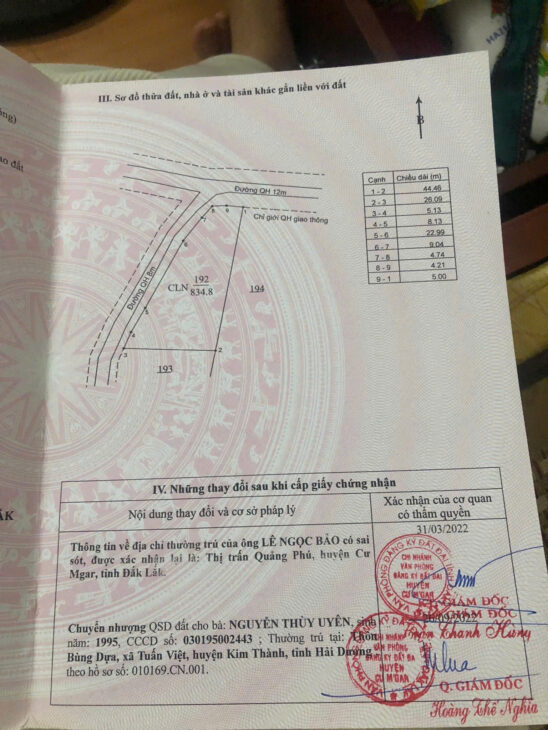 Bán 834.8m2 Đất CNL Chính Chủ Tại Quảng Hiệp, Cư M’gar, Đắk Lắk, Sổ Hồng Chính Chủ.