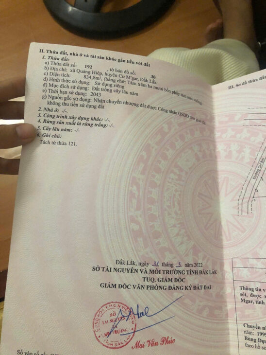 Bán 834.8m2 Đất CNL Chính Chủ Tại Quảng Hiệp, Cư M’gar, Đắk Lắk, Sổ Hồng Chính Chủ.