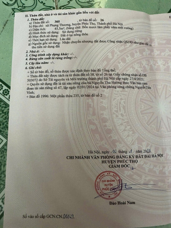 45.5M2 ĐẤT PHỤNG THƯỢNG, PHÚC THỌ, HÀ NỘI GIÁ 1.55 TỶ Ô TÔ 5 CHỖ VÀO NHÀ