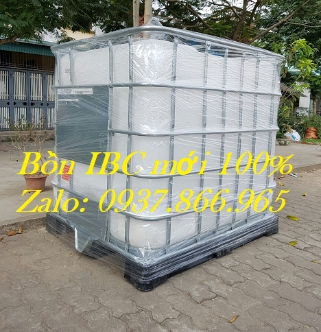 Bồn IBC có khung thép, thùng nhựa màu trắng 1000l, tack nhựa cũ, tank IBC mới