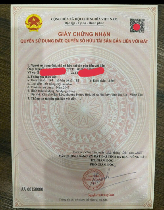 Chủ bán lôc 4 nền mặt tiền đường S phước hoà TP phú mỹ brvt