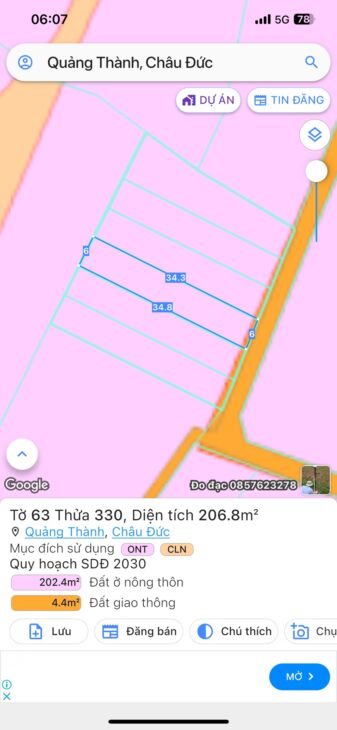 Còn duy nhất 1 lô số 3 . Ngang 6×35 có 80 thổ cư khu dân cư Quảng Thành – Châu Đức