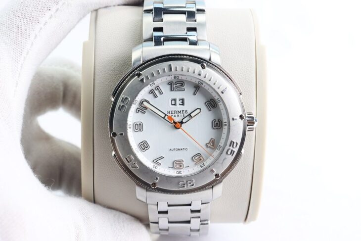 ĐH Nam : HERMES Clipper Sport Automatic – Thiết kế lộ máy, Niềng xoay, Mặt trắng cọc