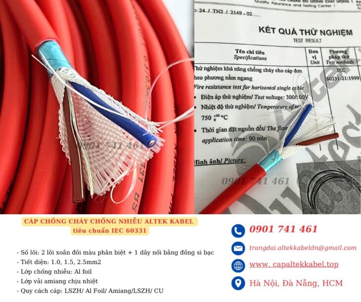 Cáp chống cháy 2×1.5 chuẩn BS6387, IEC 60331 Đà Nẵng, Hà Nội, HCM