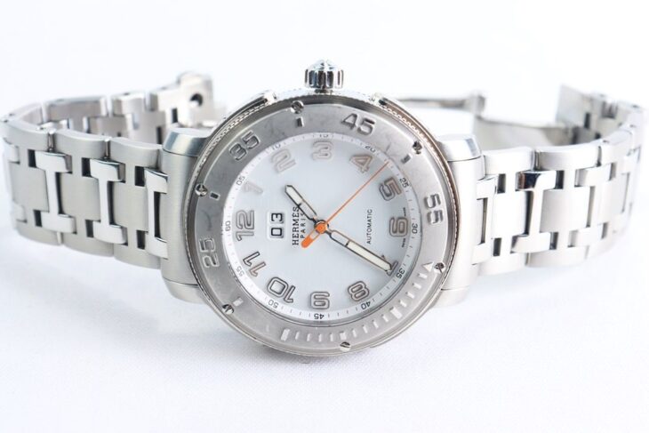 ĐH Nam : HERMES Clipper Sport Automatic – Thiết kế lộ máy, Niềng xoay, Mặt trắng cọc